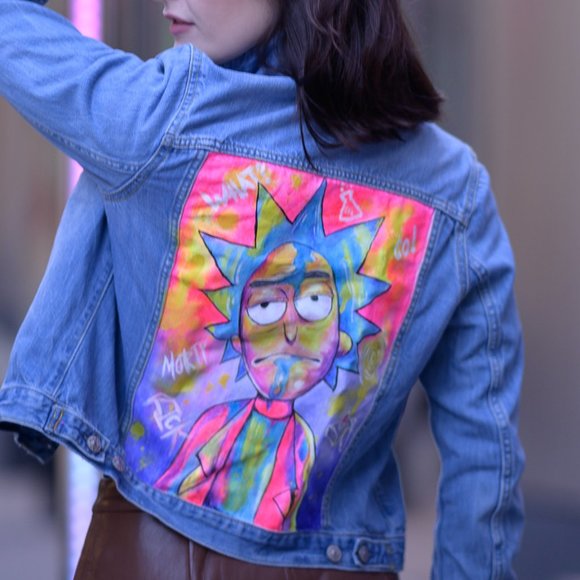 Vintage Denim Jacket Rick Sanchez Women's M Size Hand Painted Art - Picture 2 of 5